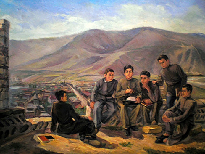 Сосо Джугашвили с товарищами на Горийской крепости. 1892 г. <b>Художник Алваридзе</b><br>