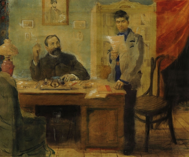 Soso Jugashvili together with Ilia Chavchavadze in the editorial office of the  newspaper “Iveria”. <b>Painter Japaridze</b><br>